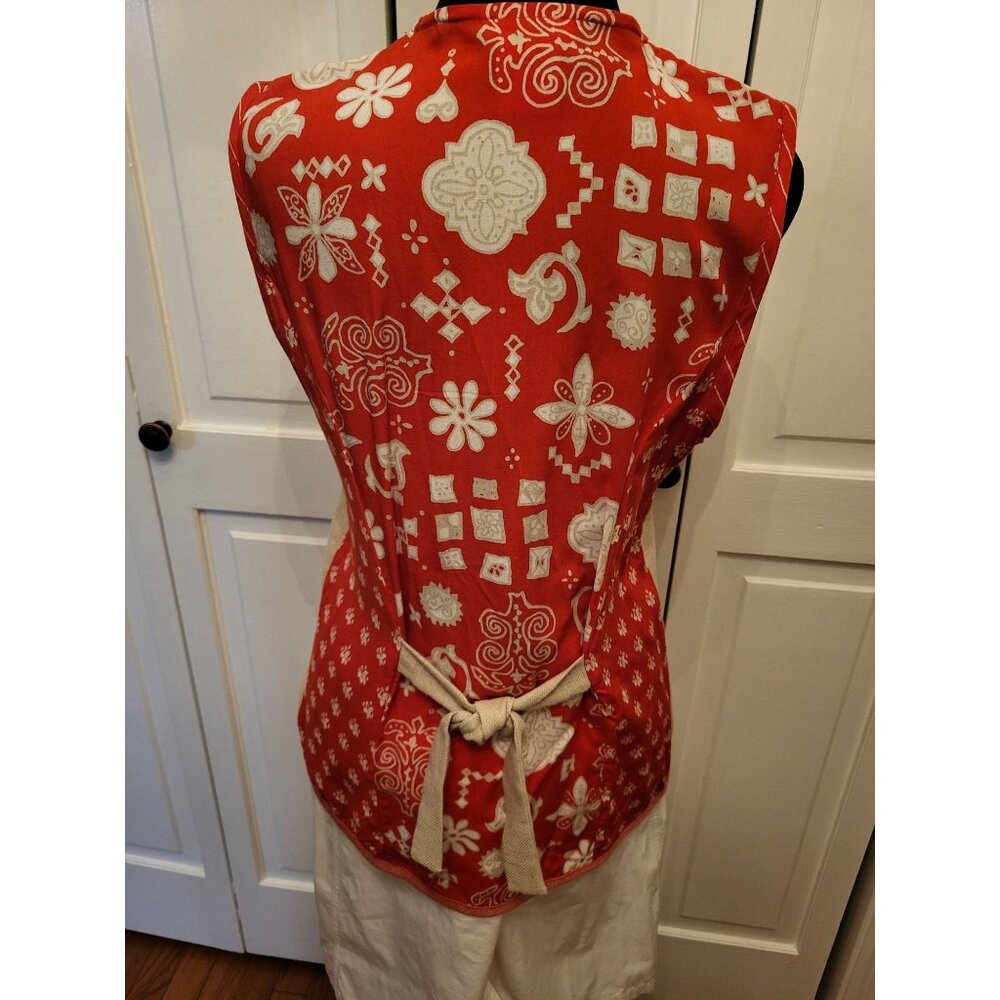 Vintage 90s Linen Blend Coral Print Button Up Vest 6 Retro Preppy Old Money - Picture 2 of 11